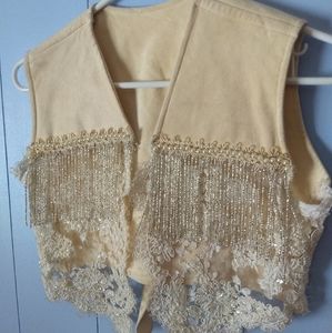 Vtg handmade suede vest pearl & lace embellished